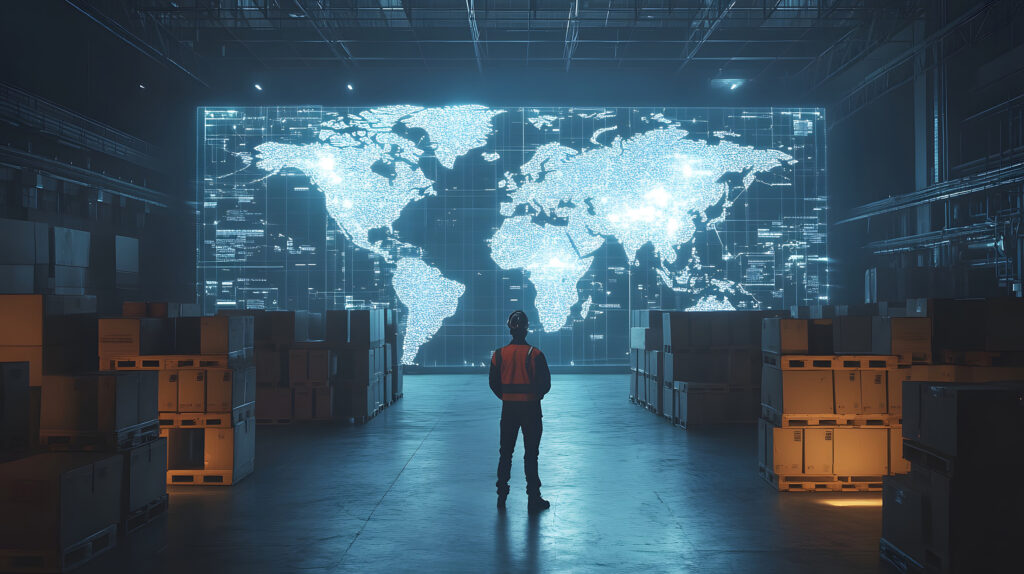 a man standing in a warehouse with boxes and a map of the world