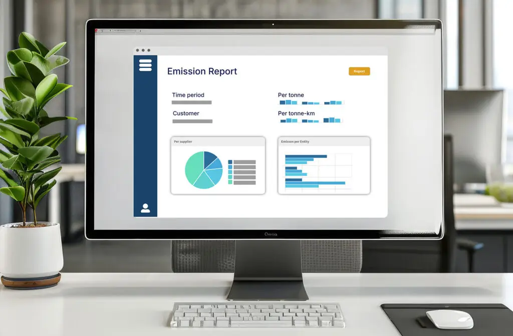 CO2 report on a computer screen with a white keyboard and a white mouse