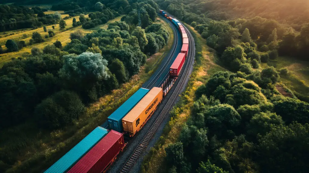 Transport sustainabilty reporting - a train on the tracks with trees in the background